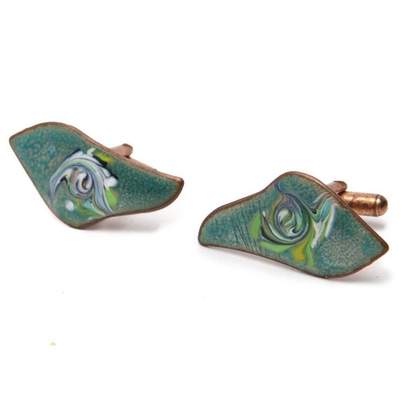 Vintage Copper Plated Enamelled Cuff Links Green Swirl 1963 Marked Casual Party - Picture 6 of 10